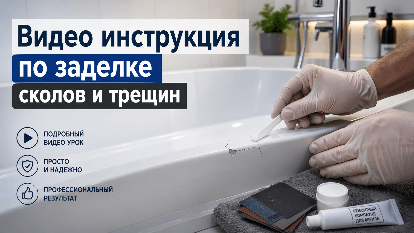 Видео про заделку сколов и трещин на ванне