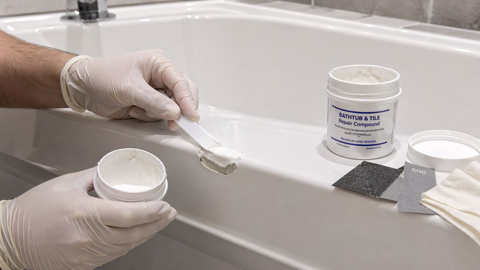 Процесс устранения скола на акриловой ванне